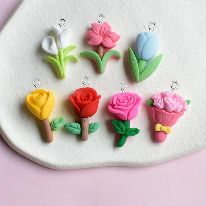 10Pcs Cute Rose Tulip Flowers Resin Charms for Jewelry Making Accessories DIY Earrings Necklace Bracelet Pendants Ac